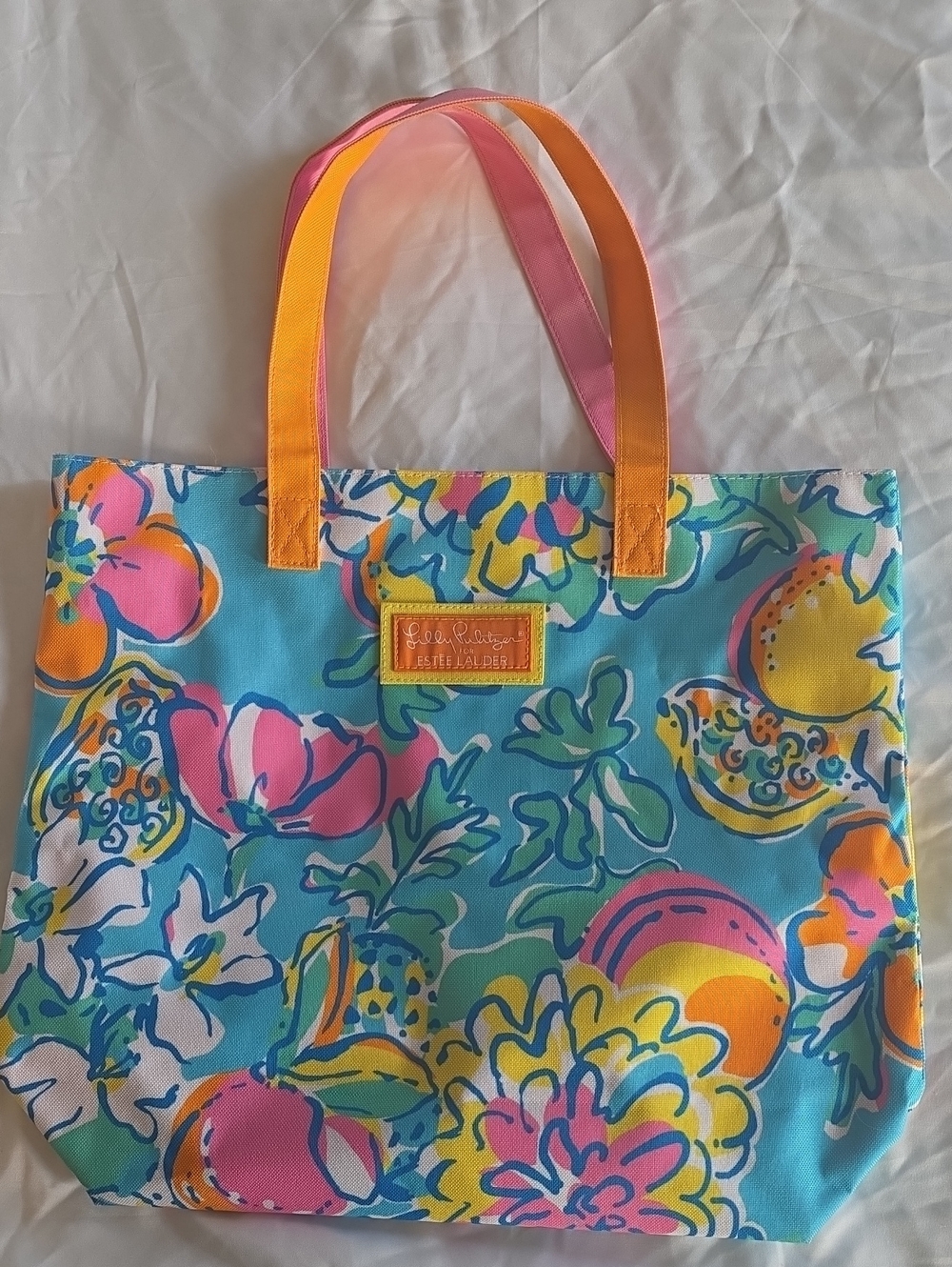 Lilly Pulitzer Aqua Floral Tote with Pink & Orange Straps